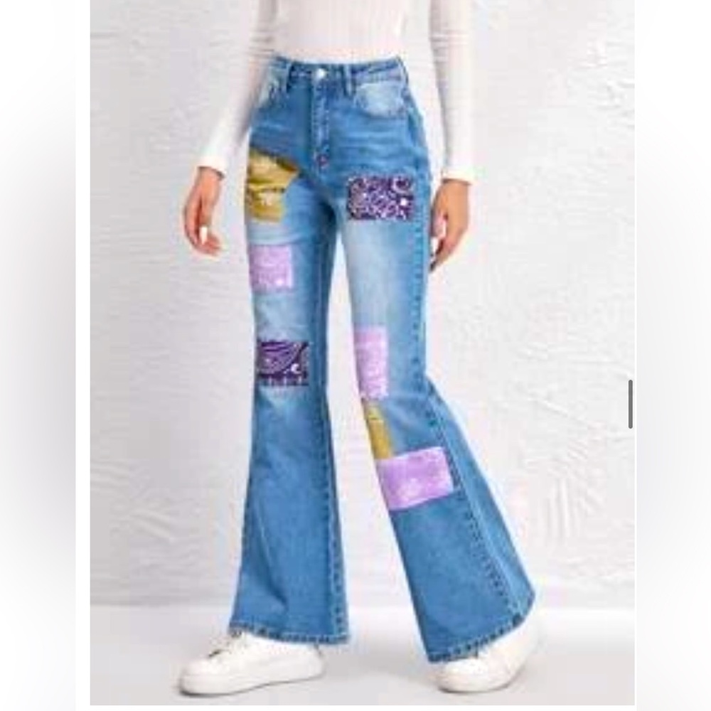 Shein bandanna patchwork high rise flare jeans in a size small